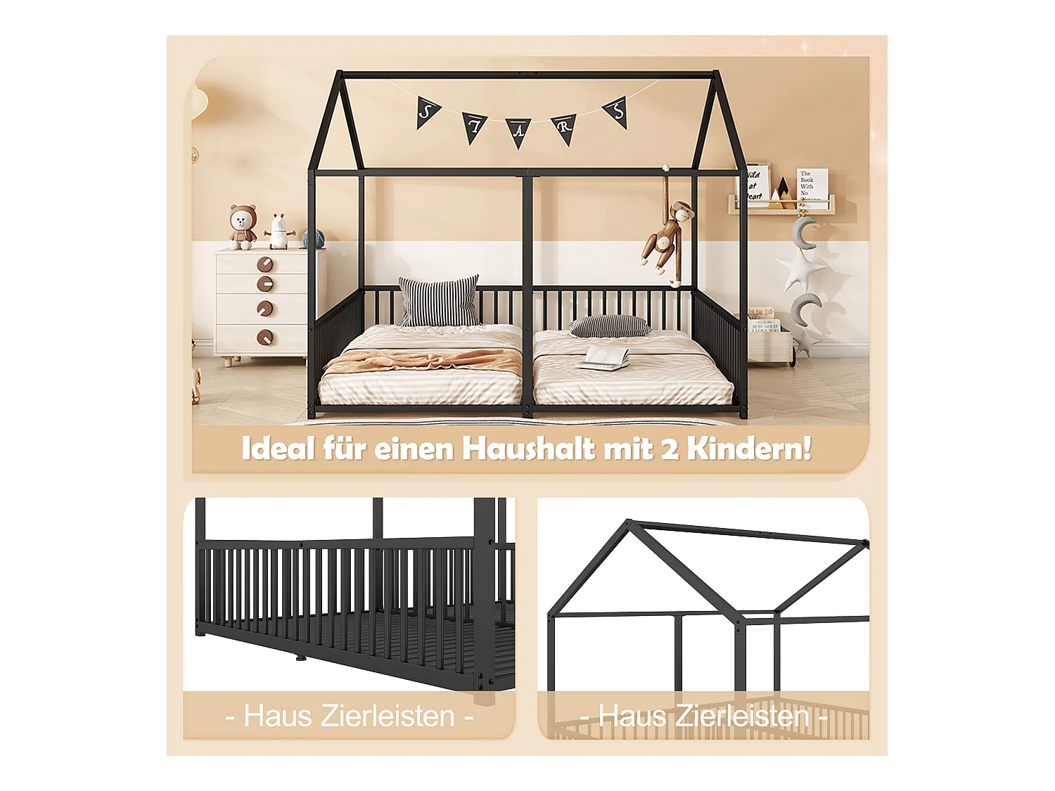 Lit mezzanine 90x200 cm, cadre en métal, avec bureau, échelle et barrières de sécurité, sans matelas, design maison, noir (186x206x174.5 cm)