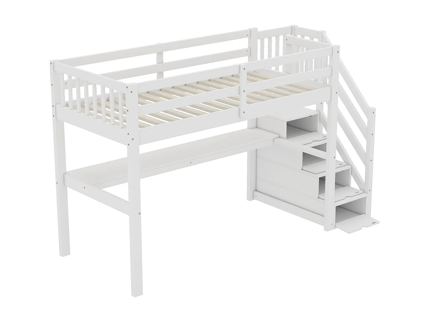 Hoogslaper, 90x200 cm met opbergruimte, geïntegreerd bureau, grenen, wit (253x95x147,5 cm) Product