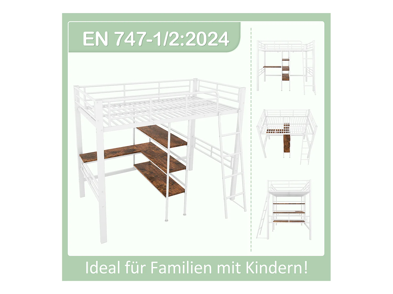 Lit mezzanine 90x200cm, avec bureau, étagères, échelle, métal, blanc (204x134x174 cm)