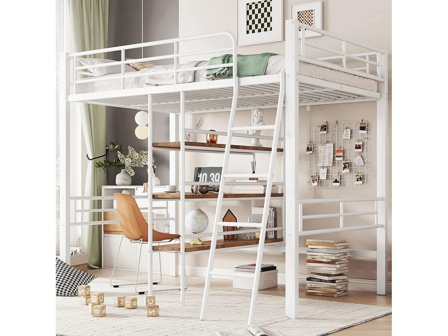 Lit mezzanine 90x200cm, avec bureau, étagères, échelle, métal, blanc (204x134x174 cm)