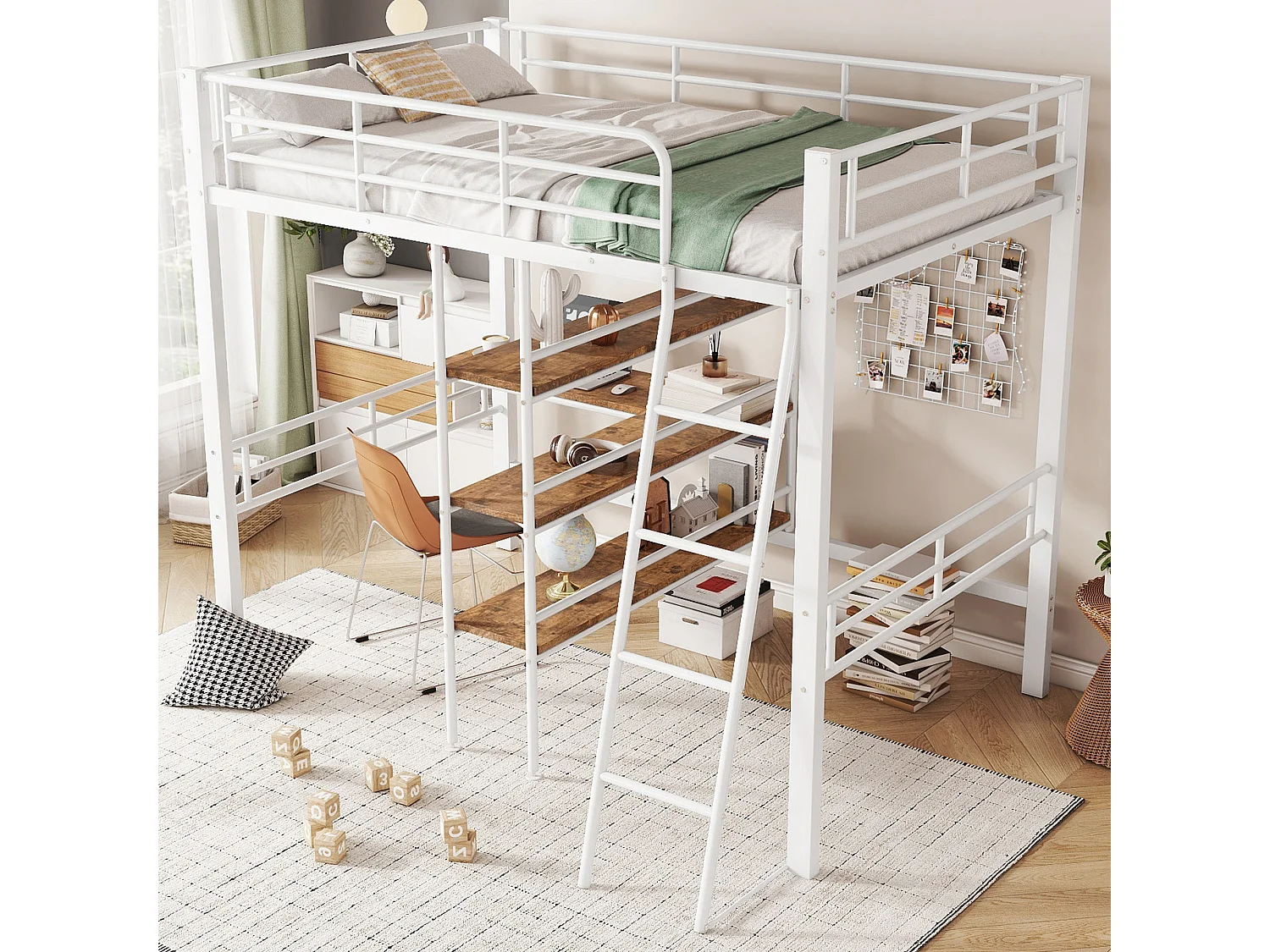 Lit mezzanine 90x200cm, avec bureau, étagères, échelle, métal, blanc (204x134x174 cm)