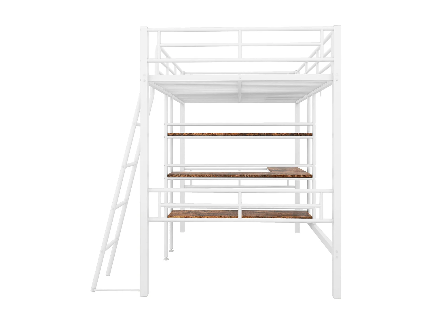 Lit mezzanine 90x200cm, avec bureau, étagères, échelle, métal, blanc (204x134x174 cm)