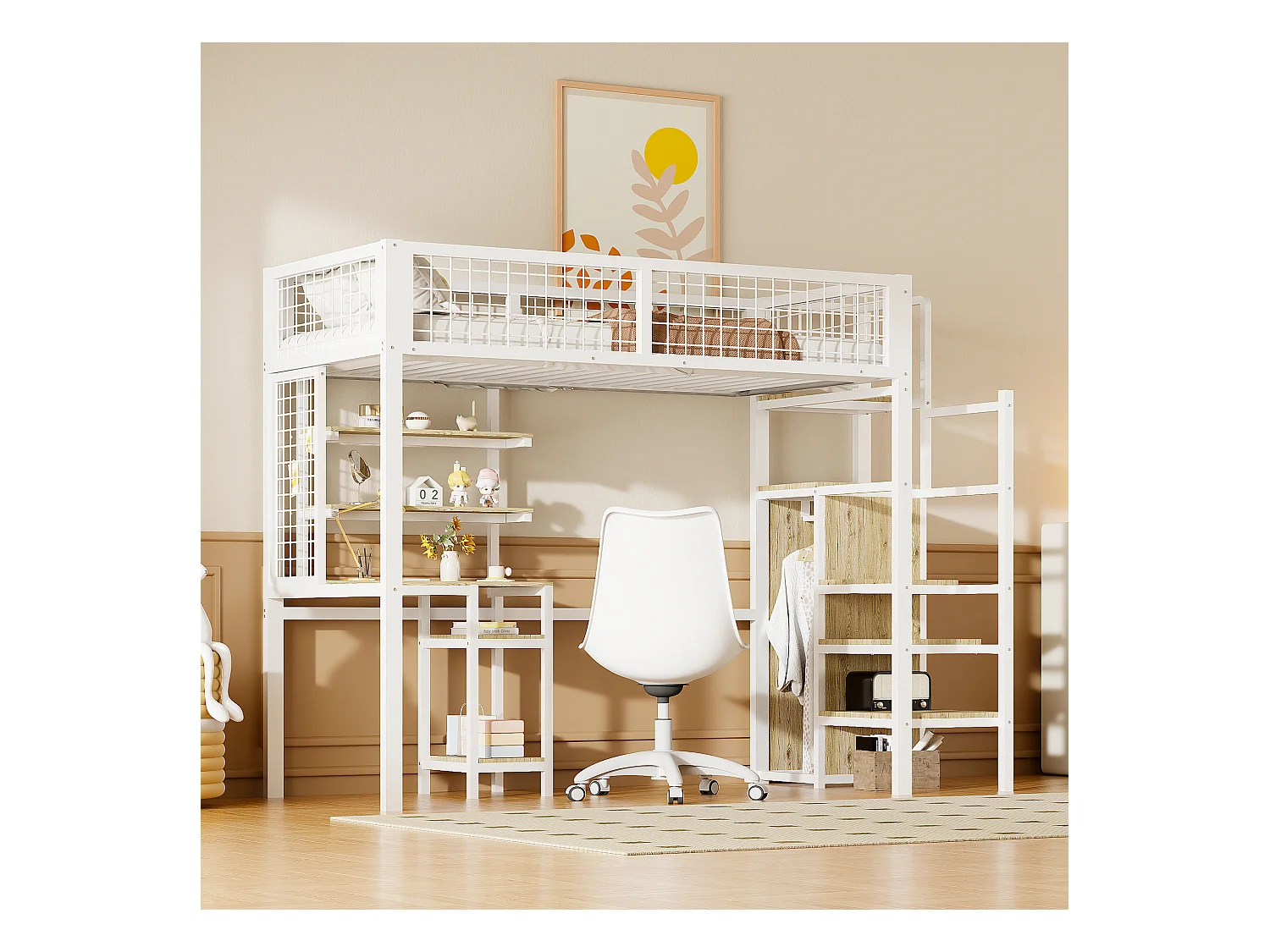 Lit mezzanine 90x200 avec échelle de sécurité, bureau et armoire intégrés, structure en métal, blanc (249x95x180 cm)