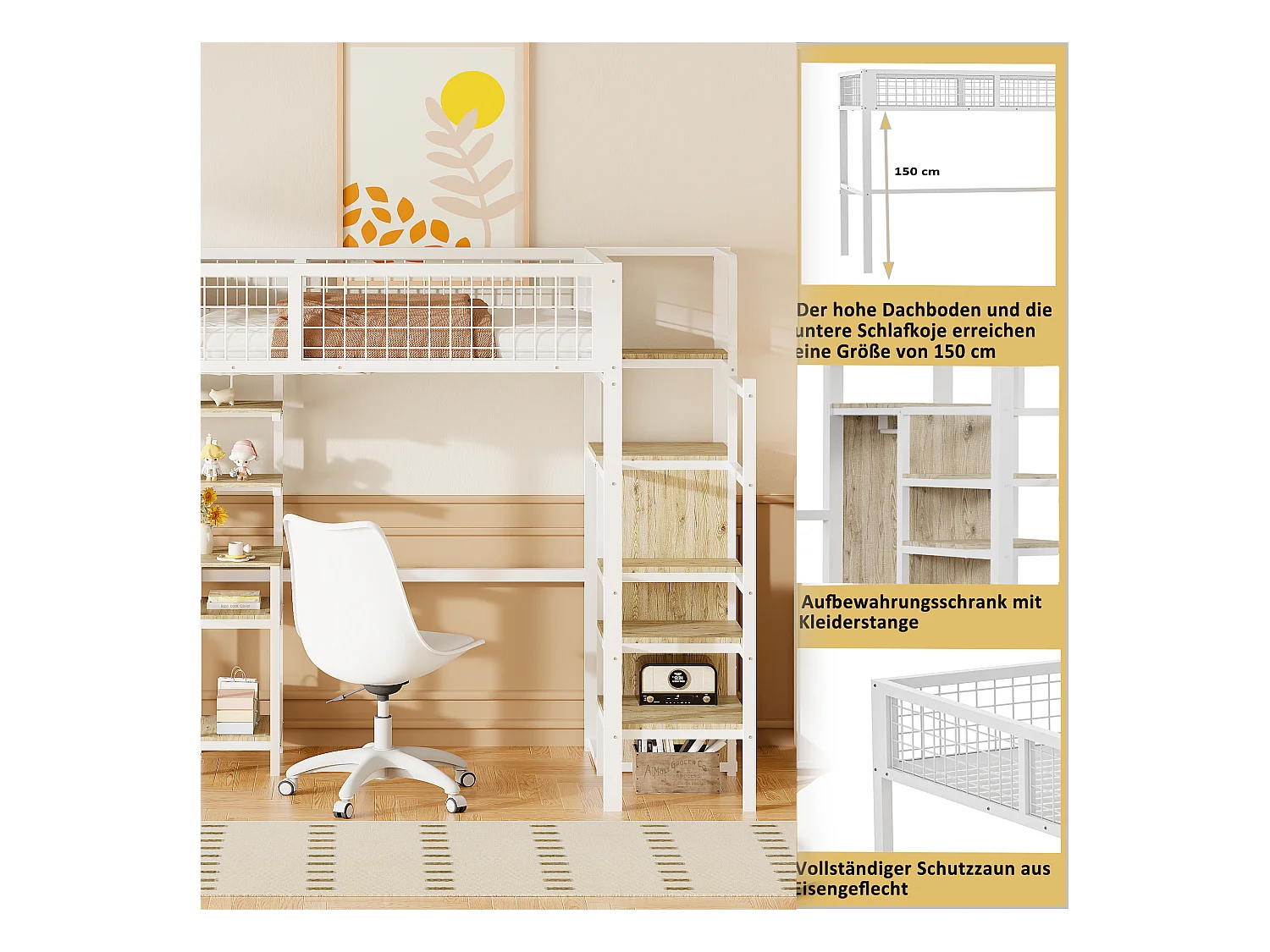 Lit mezzanine 90x200 avec échelle de sécurité, bureau et armoire intégrés, structure en métal, blanc (249x95x180 cm)