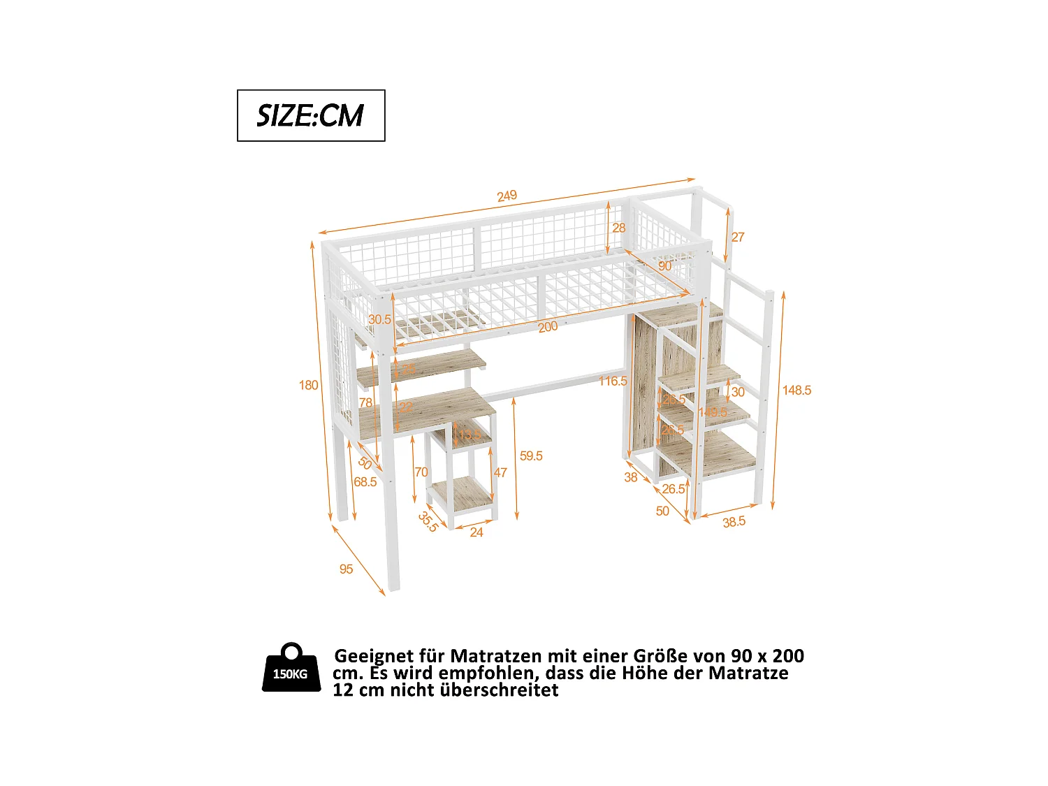 Lit mezzanine 90x200 avec échelle de sécurité, bureau et armoire intégrés, structure en métal, blanc (249x95x180 cm)