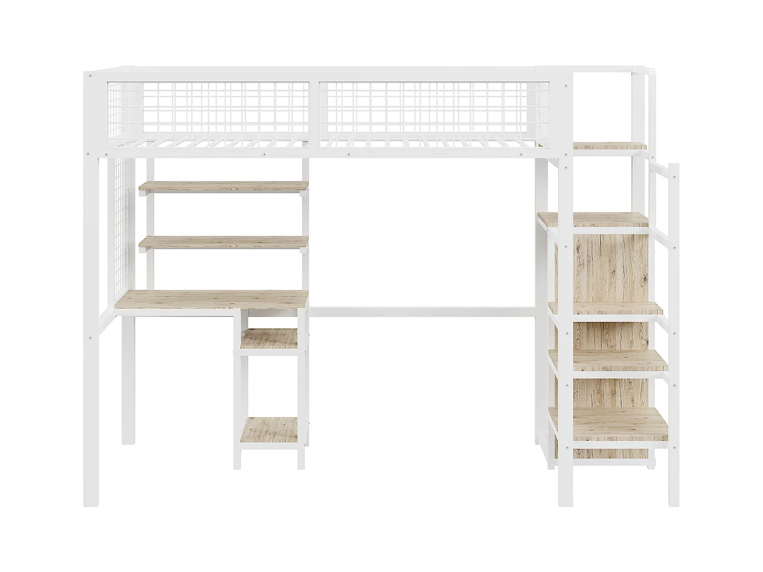 Lit mezzanine 90x200 avec échelle de sécurité, bureau et armoire intégrés, structure en métal, blanc (249x95x180 cm)