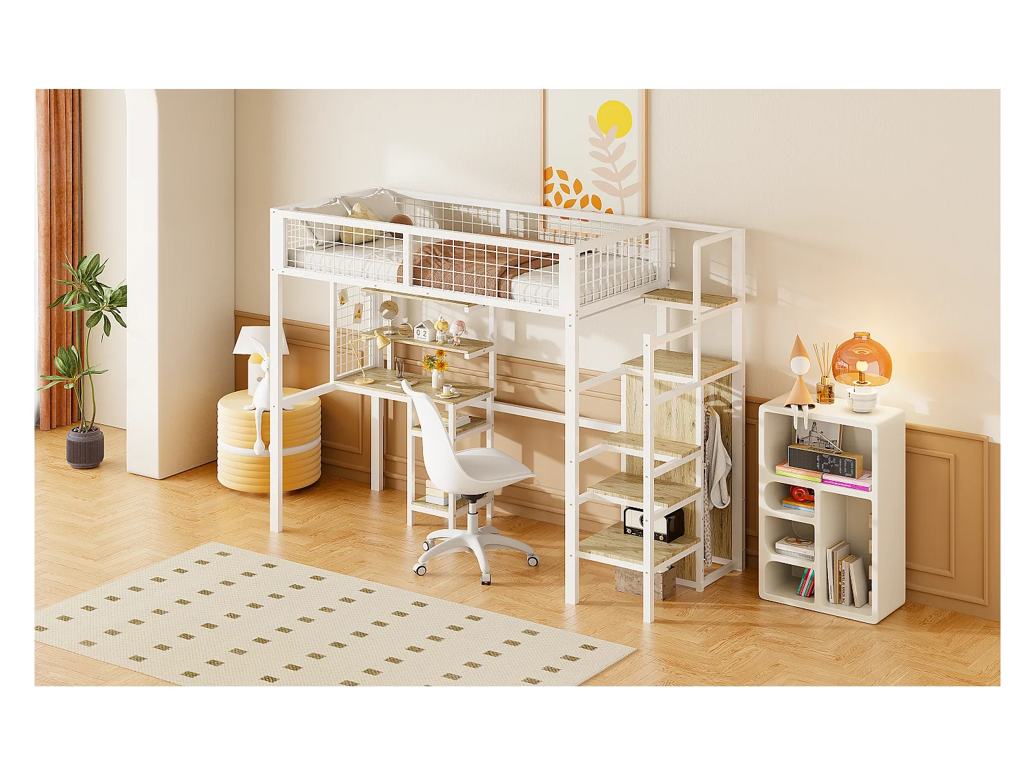 Lit mezzanine 90x200 avec échelle de sécurité, bureau et armoire intégrés, structure en métal, blanc (249x95x180 cm)