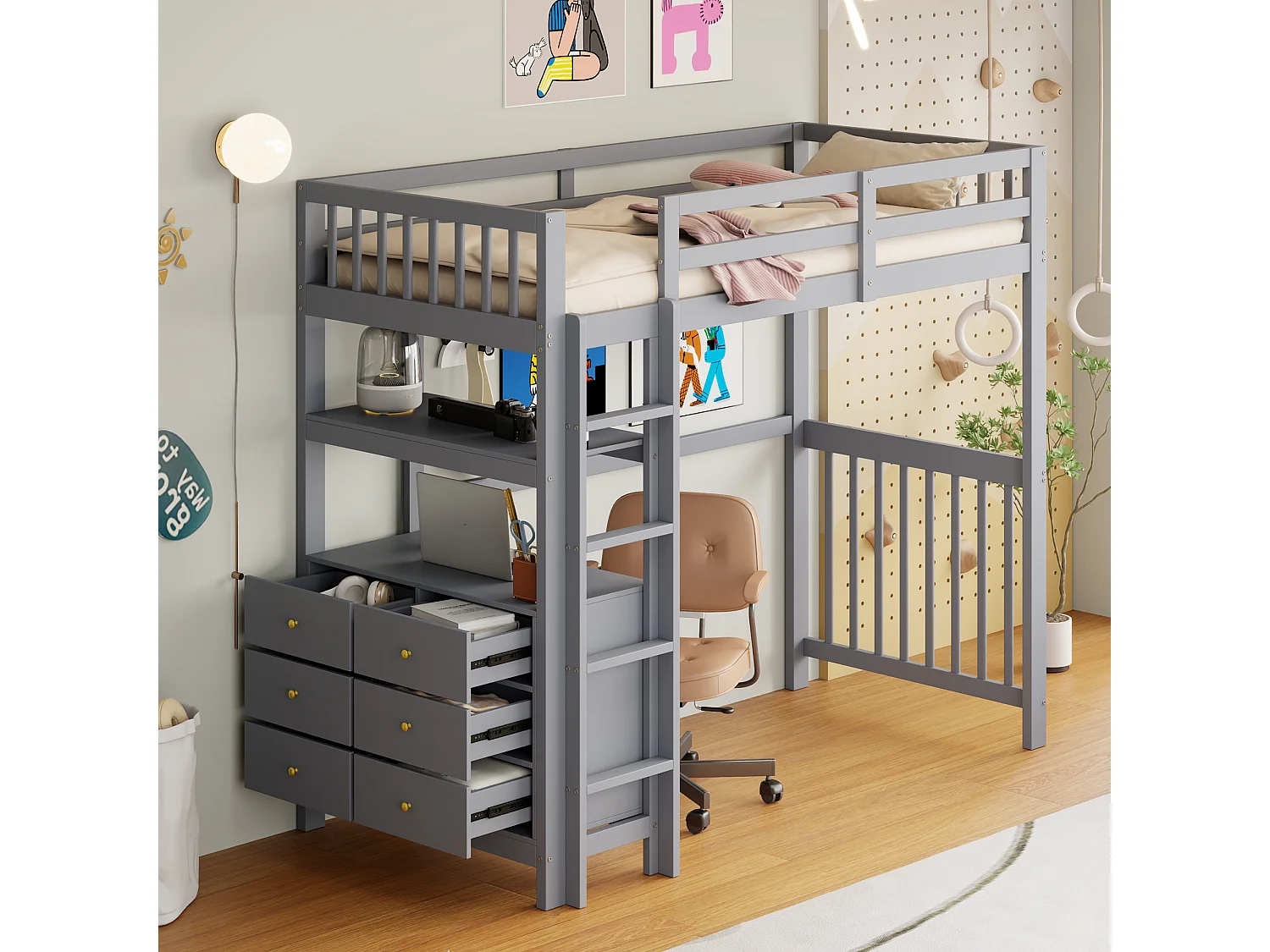 Lit mezzanine 90x200 cm avec escalier sécurisé, tiroirs, étagères, design barrière haute, bois de pin gris (204x96x175 cm)