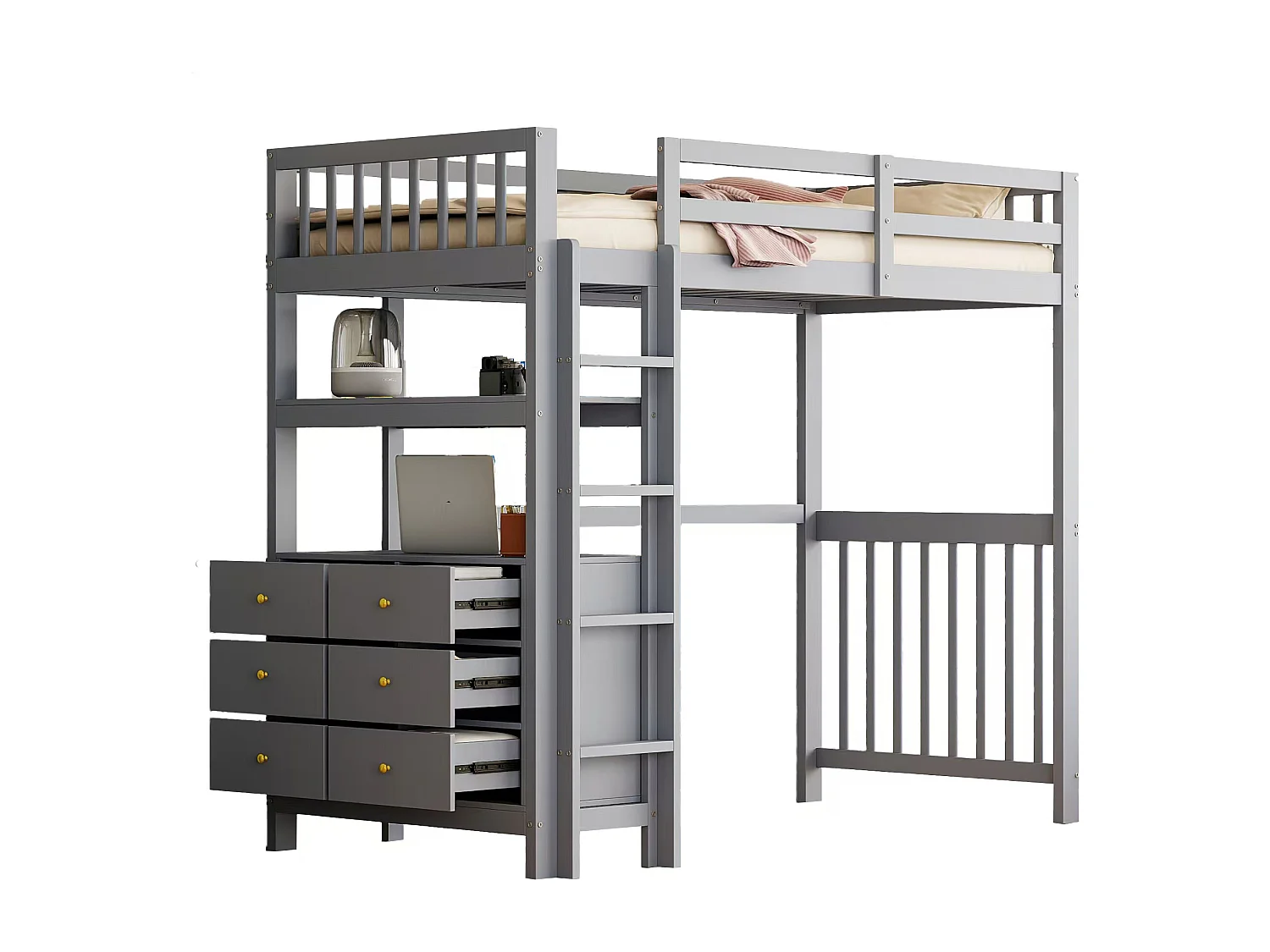 Lit mezzanine 90x200 cm avec escalier sécurisé, tiroirs, étagères, design barrière haute, bois de pin gris (204x96x175 cm)