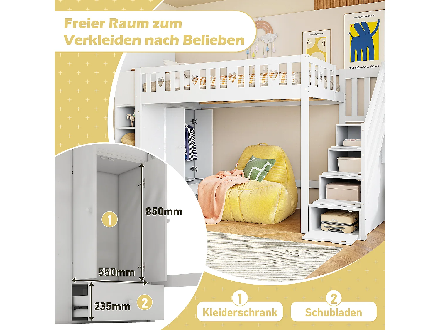 Hoogslaper 90x200 cm met opbergladder, planken, opklapbare kast, ruimte onder het bed voor kleedkamer, hartvormige zijhek, zonder matras, Wit (287x95x150 cm)