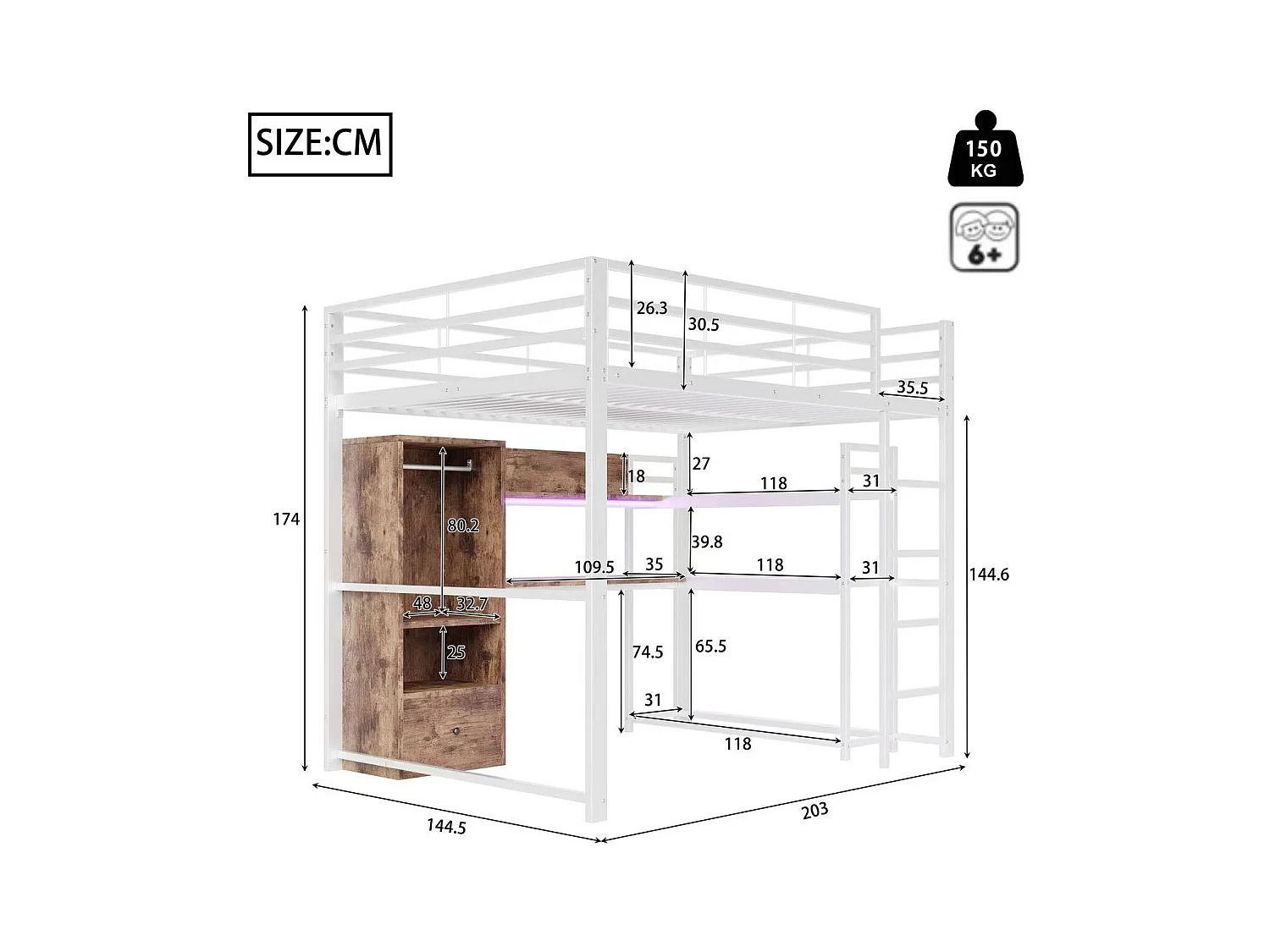 Hoogslaper 140x200 cm, metalen bed met led-verlichting, bureau, 1 lade, planken, ladder, wit (203x144,5x174 cm)