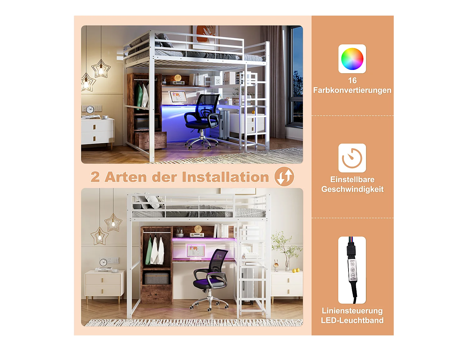 Hoogslaper 140x200 cm, metalen bed met led-verlichting, bureau, 1 lade, planken, ladder, wit (203x144,5x174 cm)