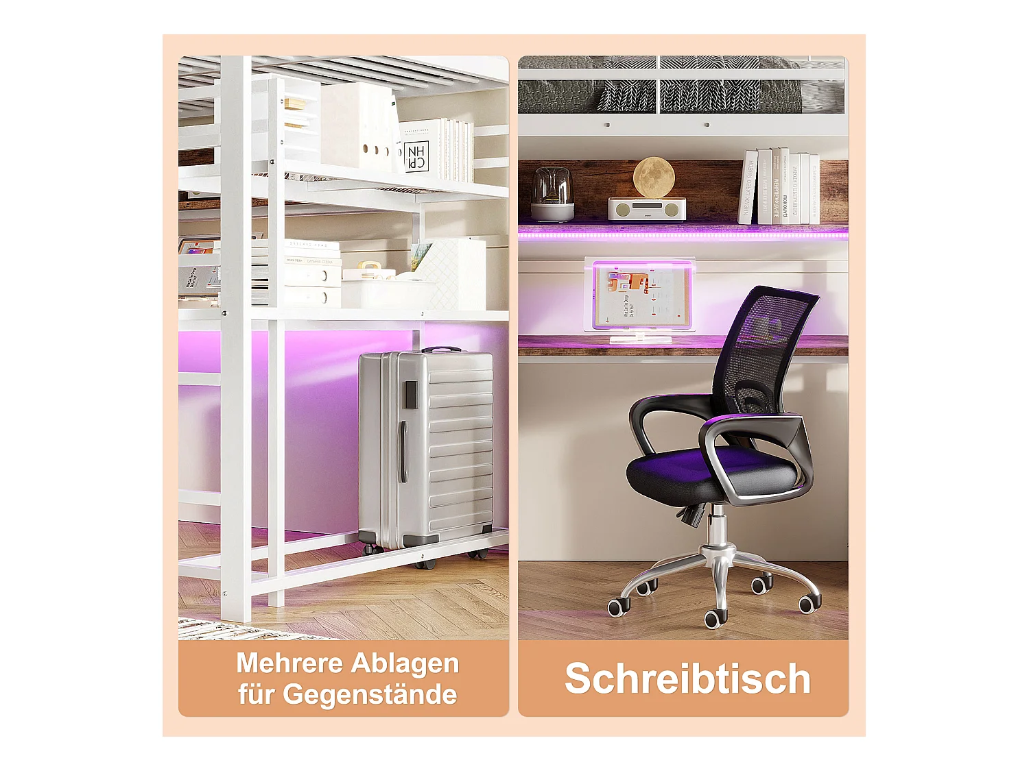Hoogslaper 140x200 cm, metalen bed met led-verlichting, bureau, 1 lade, planken, ladder, wit (203x144,5x174 cm)