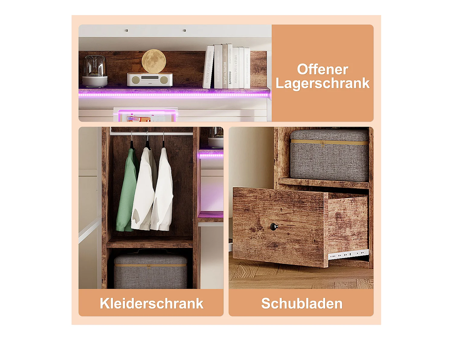 Hoogslaper 140x200 cm, metalen bed met led-verlichting, bureau, 1 lade, planken, ladder, wit (203x144,5x174 cm)