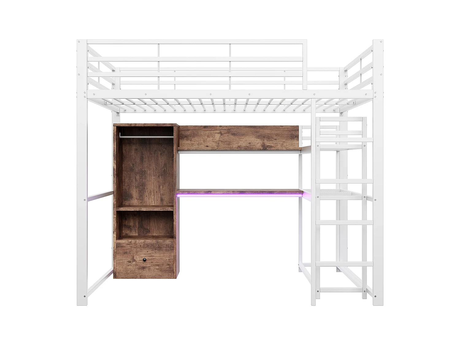 Hoogslaper 140x200 cm, metalen bed met led-verlichting, bureau, 1 lade, planken, ladder, wit (203x144,5x174 cm)