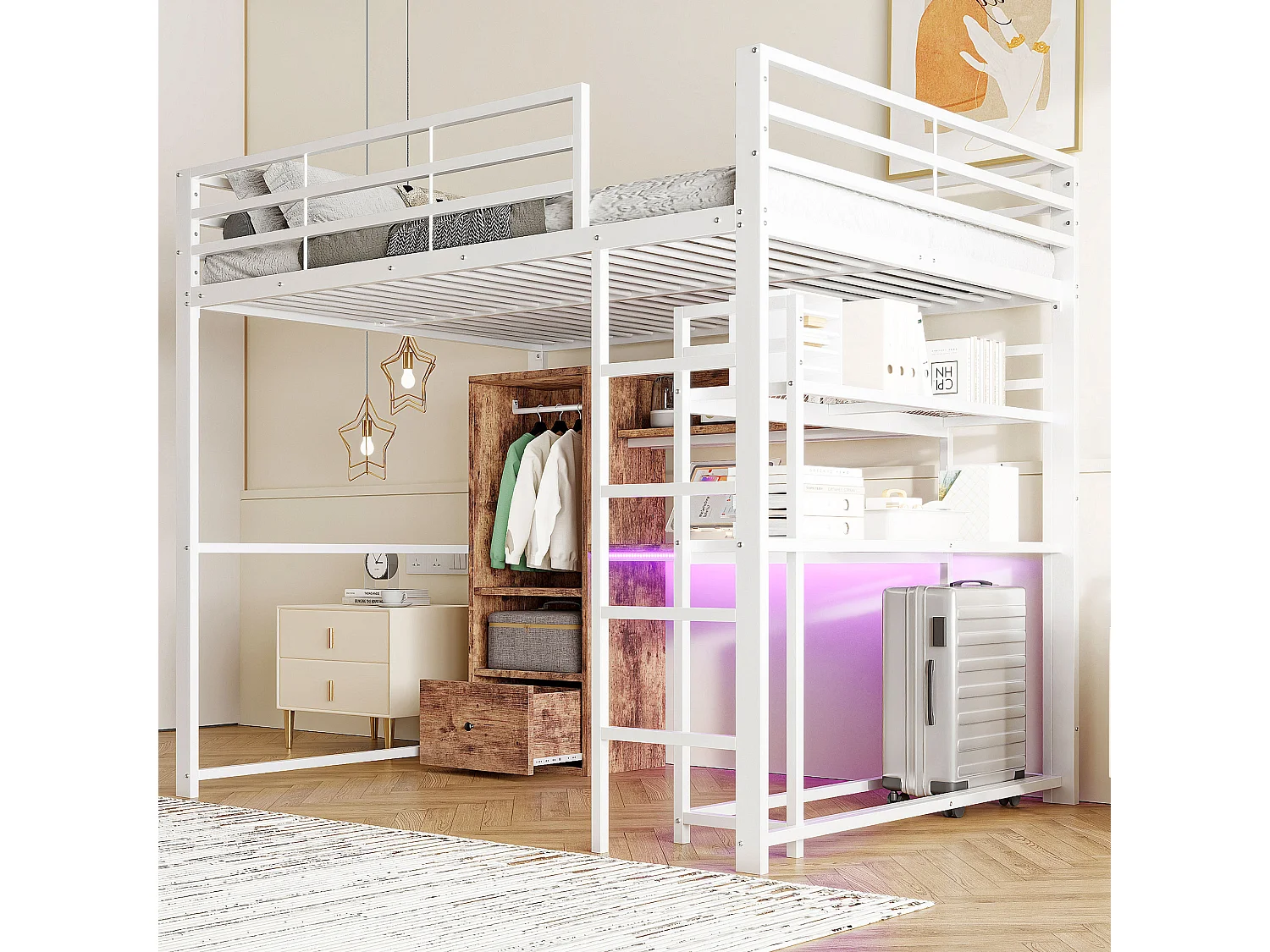 Hoogslaper 140x200 cm, metalen bed met led-verlichting, bureau, 1 lade, planken, ladder, wit (203x144,5x174 cm)