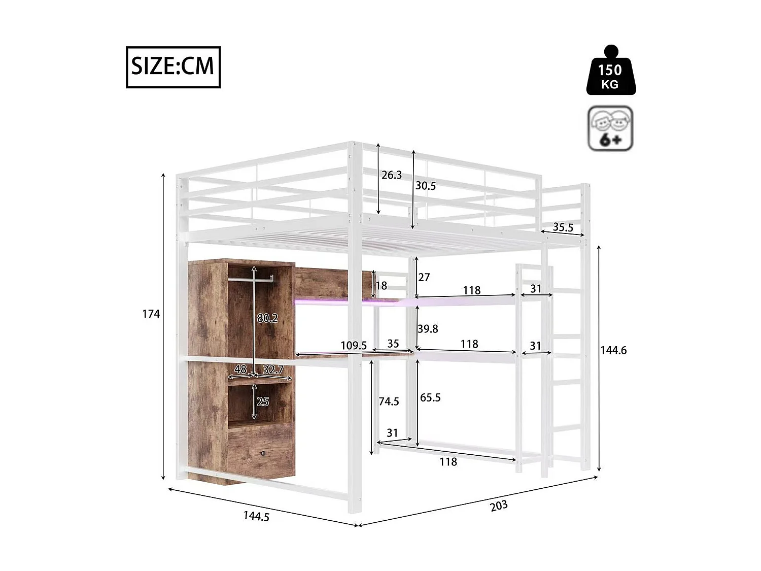 Hoogslaper 140x200 cm, metalen bed met led-verlichting, bureau, 1 lade, planken, ladder, wit (203x144,5x174 cm)