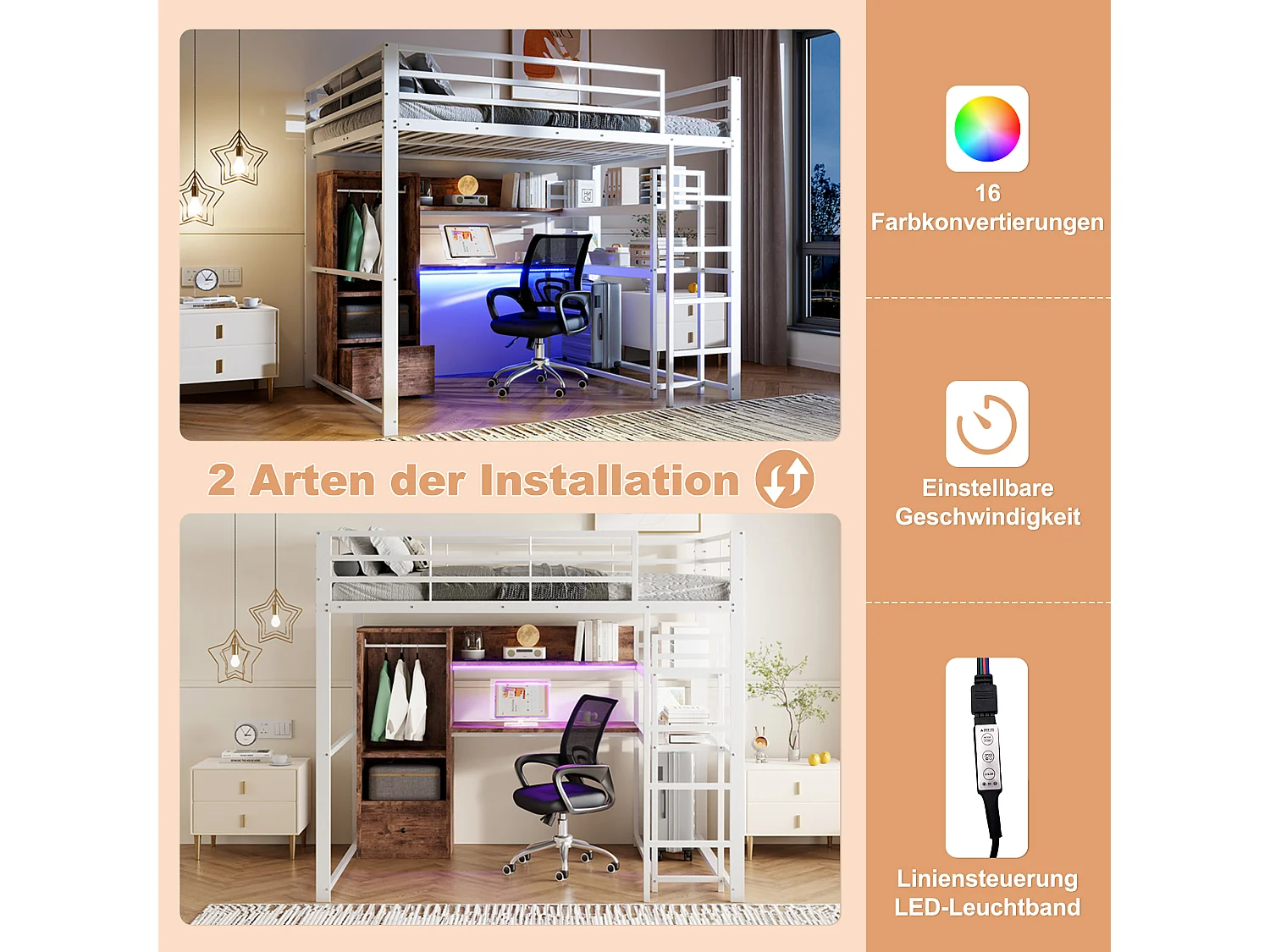 Hoogslaper 140x200 cm, metalen bed met led-verlichting, bureau, 1 lade, planken, ladder, wit (203x144,5x174 cm)