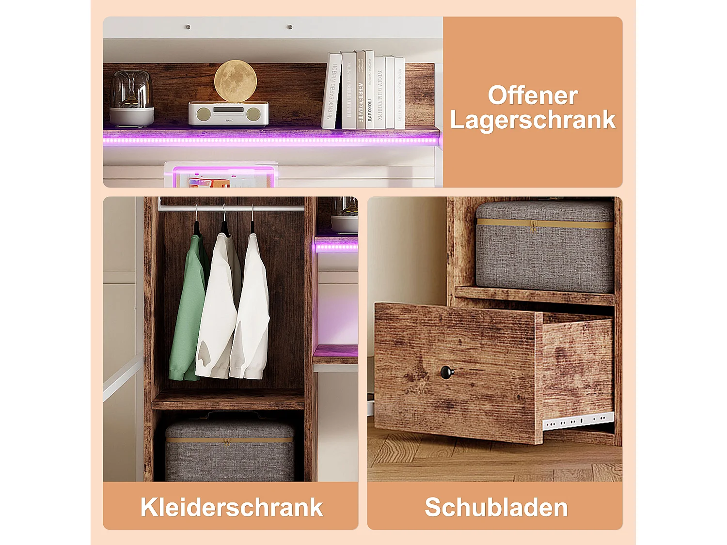 Hoogslaper 140x200 cm, metalen bed met led-verlichting, bureau, 1 lade, planken, ladder, wit (203x144,5x174 cm)