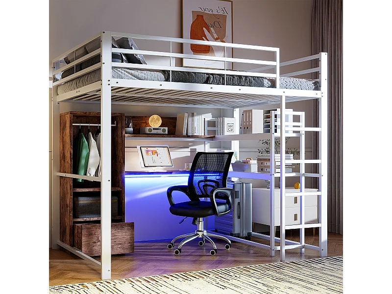 Lit mezzanine 140x200 cm, Lit métallique avec LED, Bureau, 1 tiroir, Étagères, Échelle, Blanc (203x144.5x174 cm)