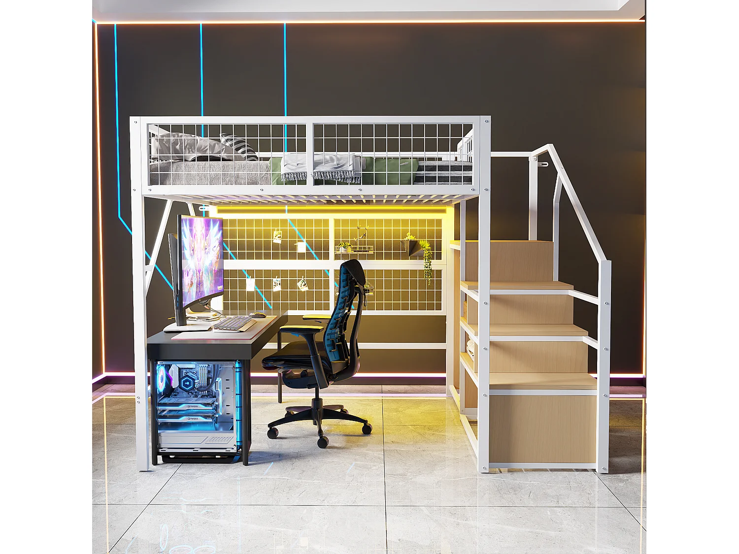 Cama alta de metal de 140 x 200 cm, con LED controlados por app, escalera con almacenaje, armario abierto, color blanco (255 x 145 x 170 cm)