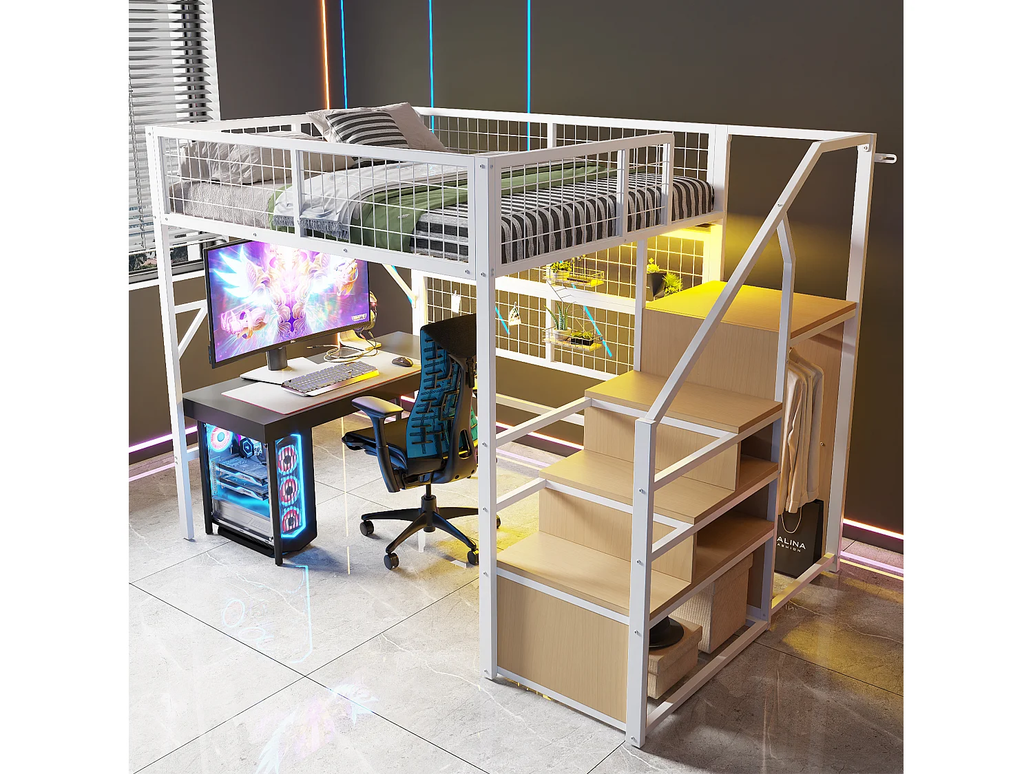 Cama alta de metal de 140 x 200 cm, con LED controlados por app, escalera con almacenaje, armario abierto, color blanco (255 x 145 x 170 cm)