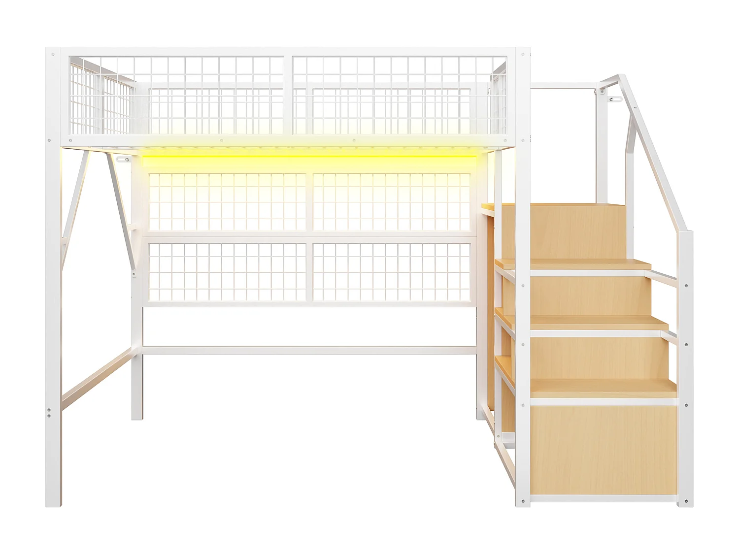 Cama alta de metal de 140 x 200 cm, con LED controlados por app, escalera con almacenaje, armario abierto, color blanco (255 x 145 x 170 cm)