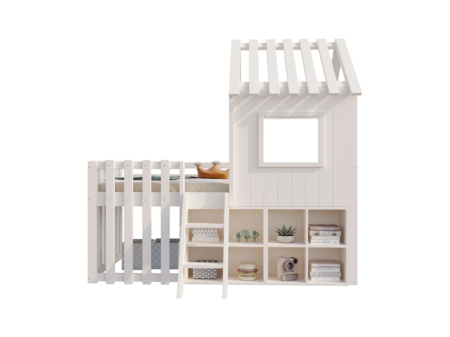 Lit mezzanine pour enfant 90x200, avec toit et fenêtres, espace de rangement ouvert et échelle, bois massif, couleur blanche (204.5x95x201 cm)