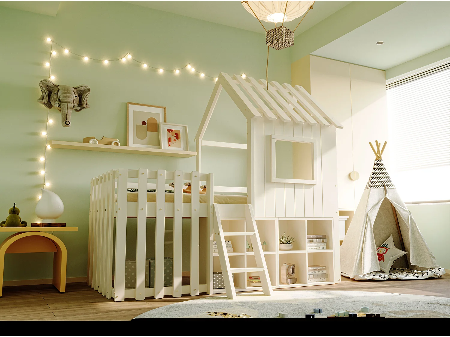 Lit mezzanine pour enfant 90x200, avec toit et fenêtres, espace de rangement ouvert et échelle, bois massif, couleur blanche (204.5x95x201 cm)