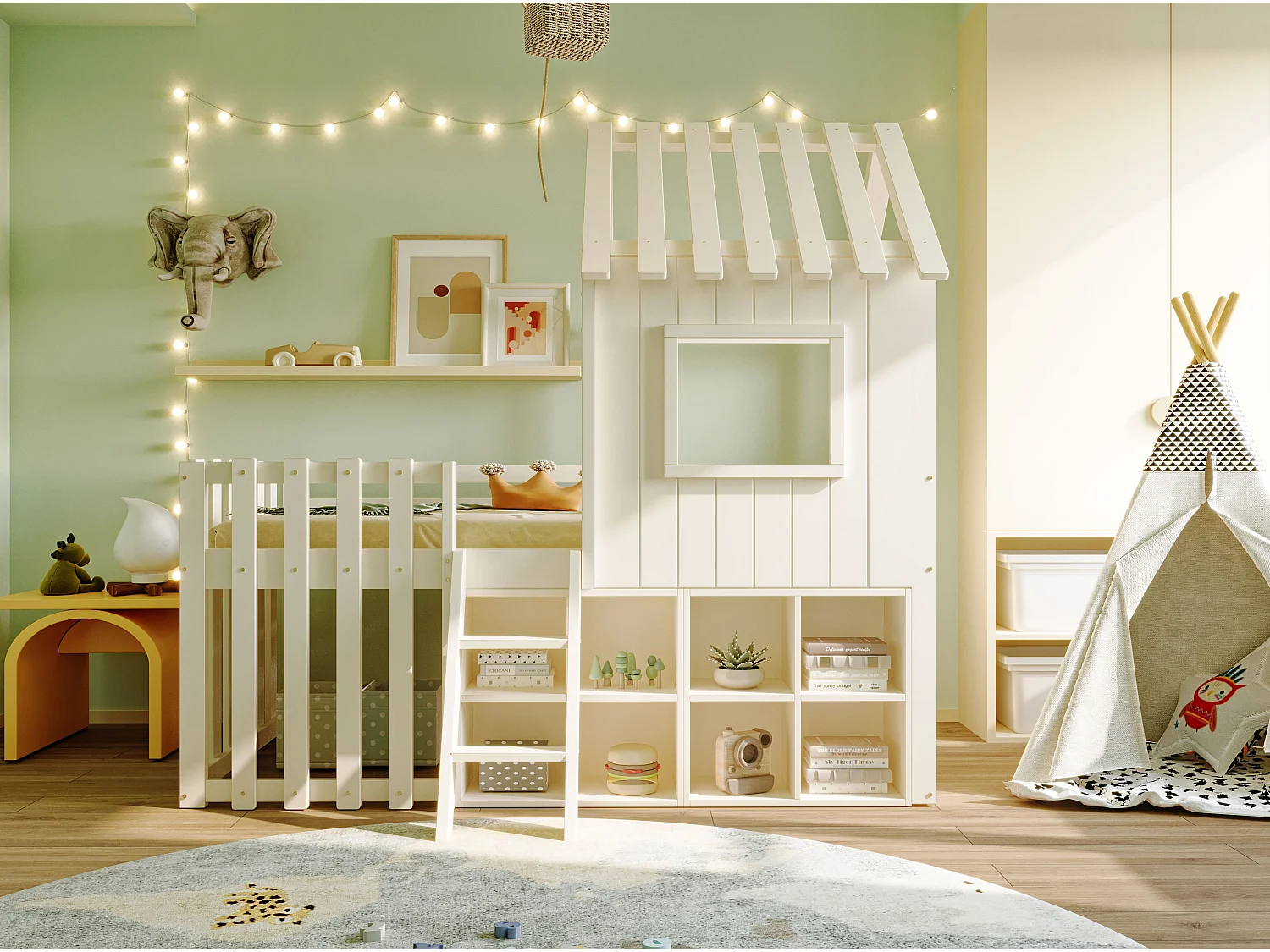 Lit mezzanine pour enfant 90x200, avec toit et fenêtres, espace de rangement ouvert et échelle, bois massif, couleur blanche (204.5x95x201 cm)
