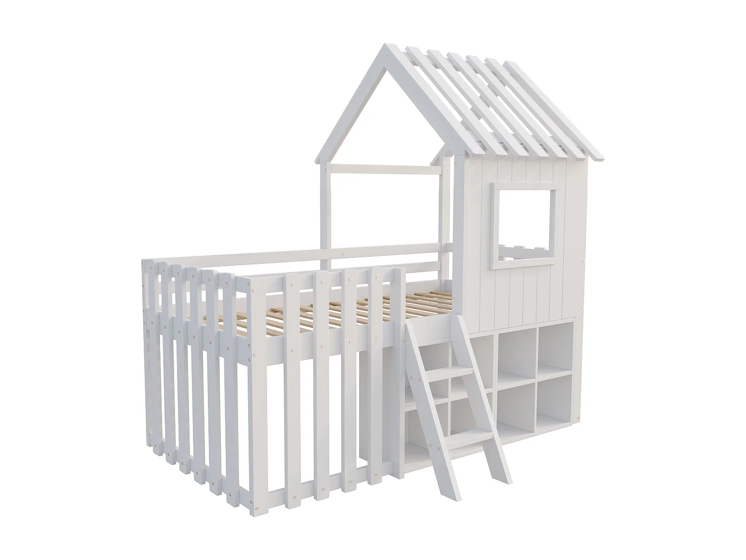 Lit mezzanine pour enfant 90x200, avec toit et fenêtres, espace de rangement ouvert et échelle, bois massif, couleur blanche (204.5x95x201 cm)