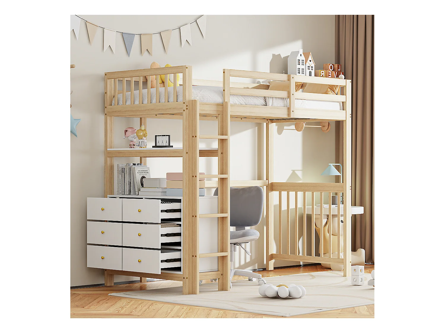 Lit mezzanine 90x200cm, échelle de sécurité verticale, tiroirs et étagères, barrières hautes, cadre en pin, bois naturel et blanc (204x96x175 cm)