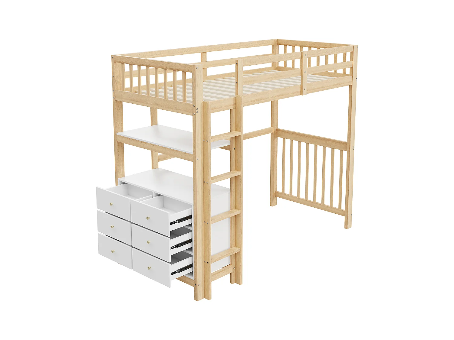 Lit mezzanine 90x200cm, échelle de sécurité verticale, tiroirs et étagères, barrières hautes, cadre en pin, bois naturel et blanc (204x96x175 cm)