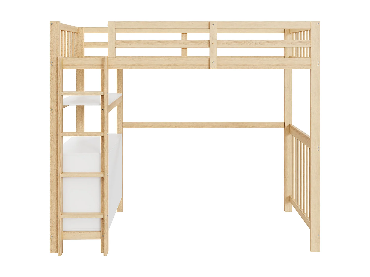 Lit mezzanine 90x200cm, échelle de sécurité verticale, tiroirs et étagères, barrières hautes, cadre en pin, bois naturel et blanc (204x96x175 cm)
