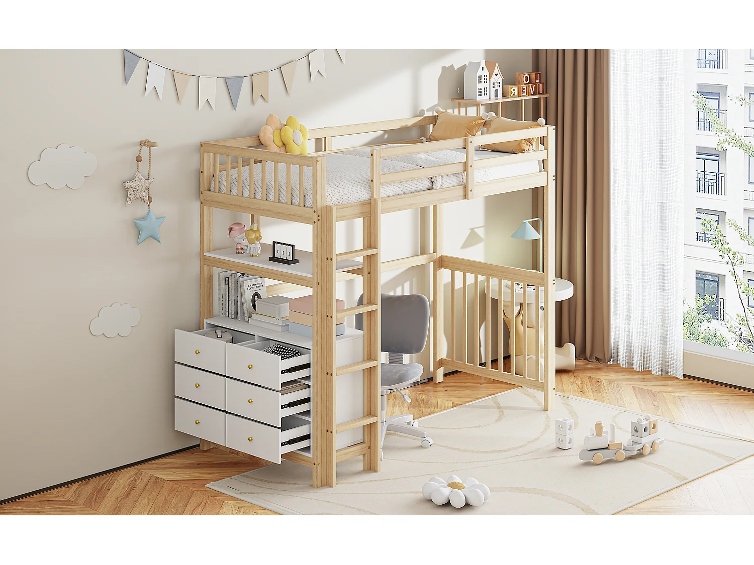 Lit mezzanine 90x200cm, échelle de sécurité verticale, tiroirs et étagères, barrières hautes, cadre en pin, bois naturel et blanc (204x96x175 cm)