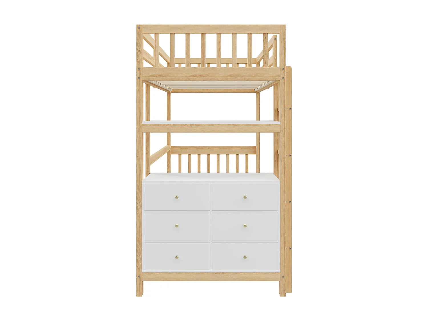 Hoogslaper 90x200 cm, verticale veiligheidsladder, lades en planken, hoge spijlen, frame van grenenhout, natuurlijk hout en wit (204x96x175 cm)