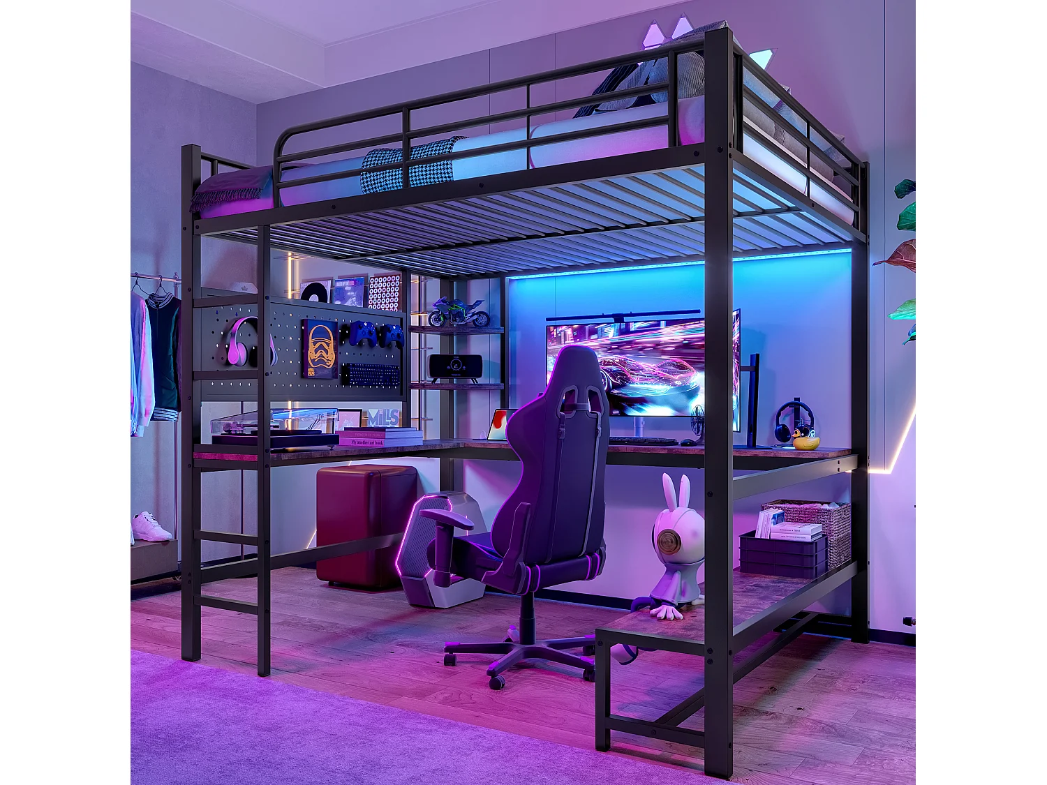 Letto a soppalco, 140 x 200 cm, con scrivania, scaletta, LED, prese USB + Type-C, con ripiani, struttura in metallo, Nero (204 x 145 x 180 cm)