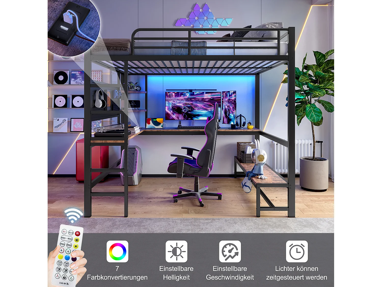 Letto a soppalco, 140 x 200 cm, con scrivania, scaletta, LED, prese USB + Type-C, con ripiani, struttura in metallo, Nero (204 x 145 x 180 cm)