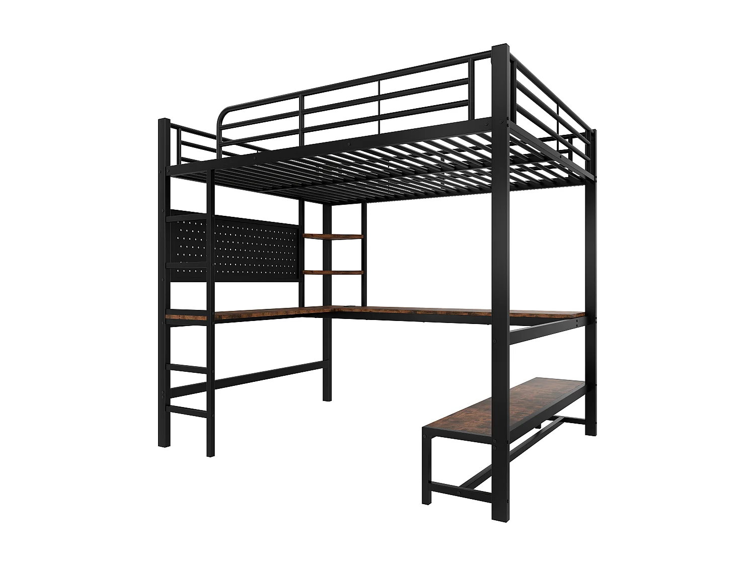 Letto a soppalco, 140 x 200 cm, con scrivania, scaletta, LED, prese USB + Type-C, con ripiani, struttura in metallo, Nero (204 x 145 x 180 cm)