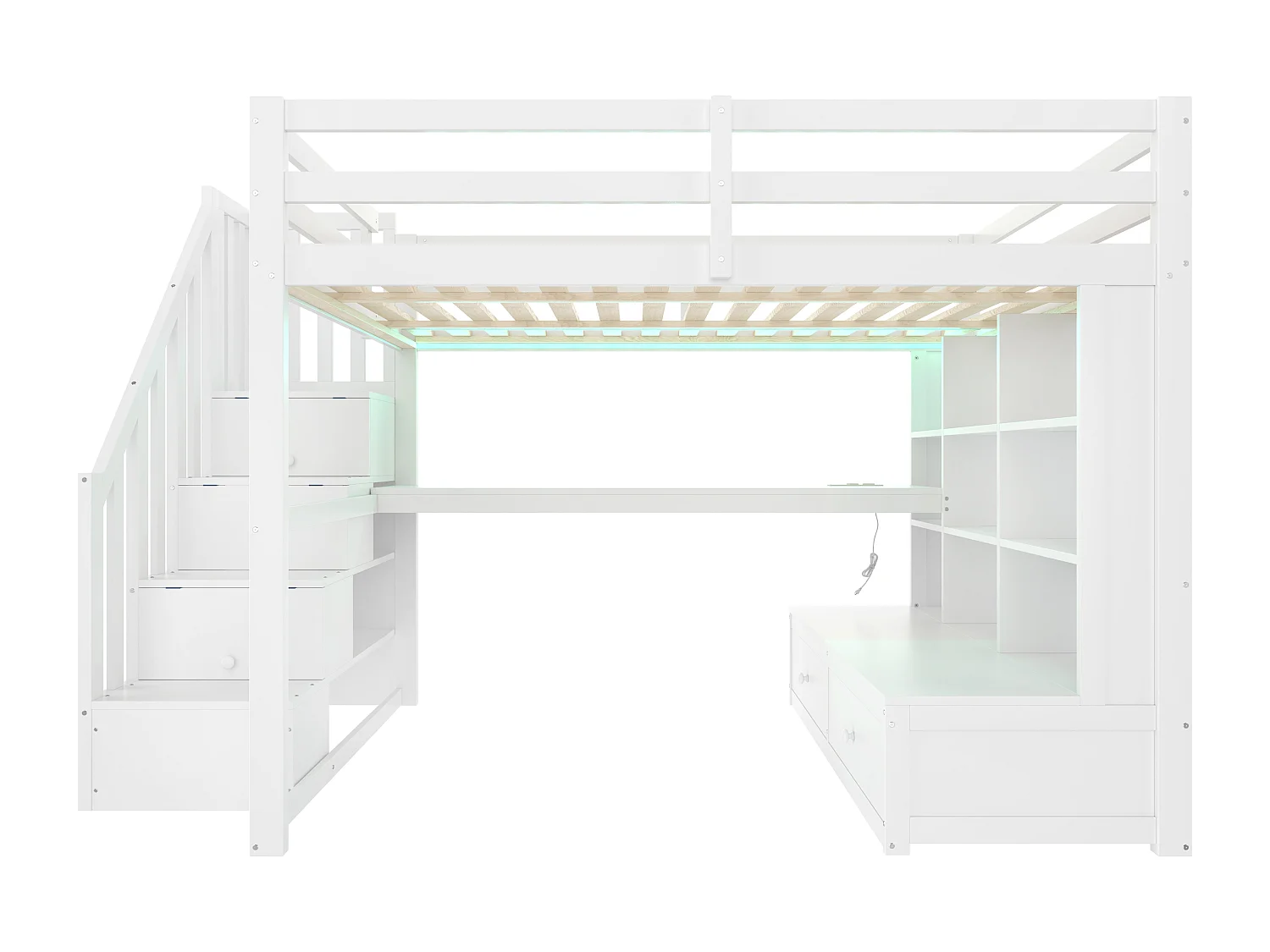 Hoogslaper 140x200 cm met bureau, planken, lades, hout, wit (252x145x157 cm)