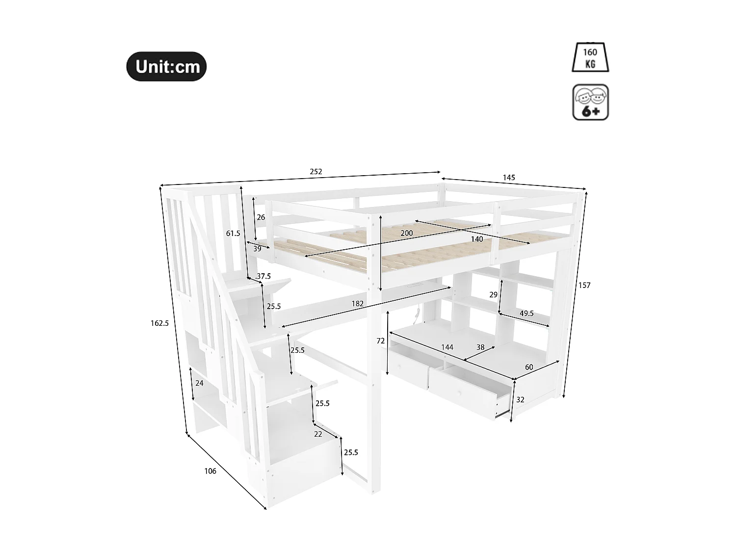 Hoogslaper 140x200 cm met bureau, planken, lades, hout, wit (252x145x157 cm)