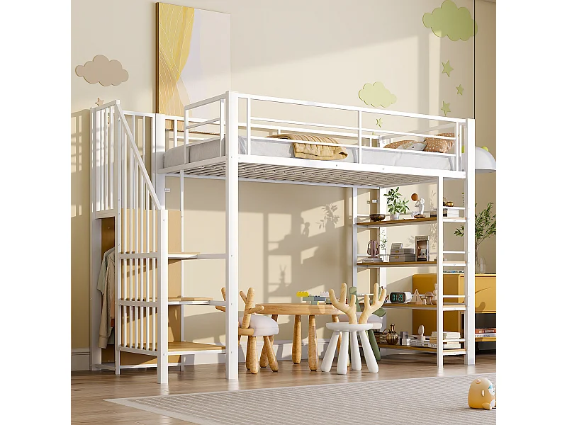 Kinderhochbett - 90 x 200 - mit Treppe + Stauraum + Regale - MDF + Metall - weiß