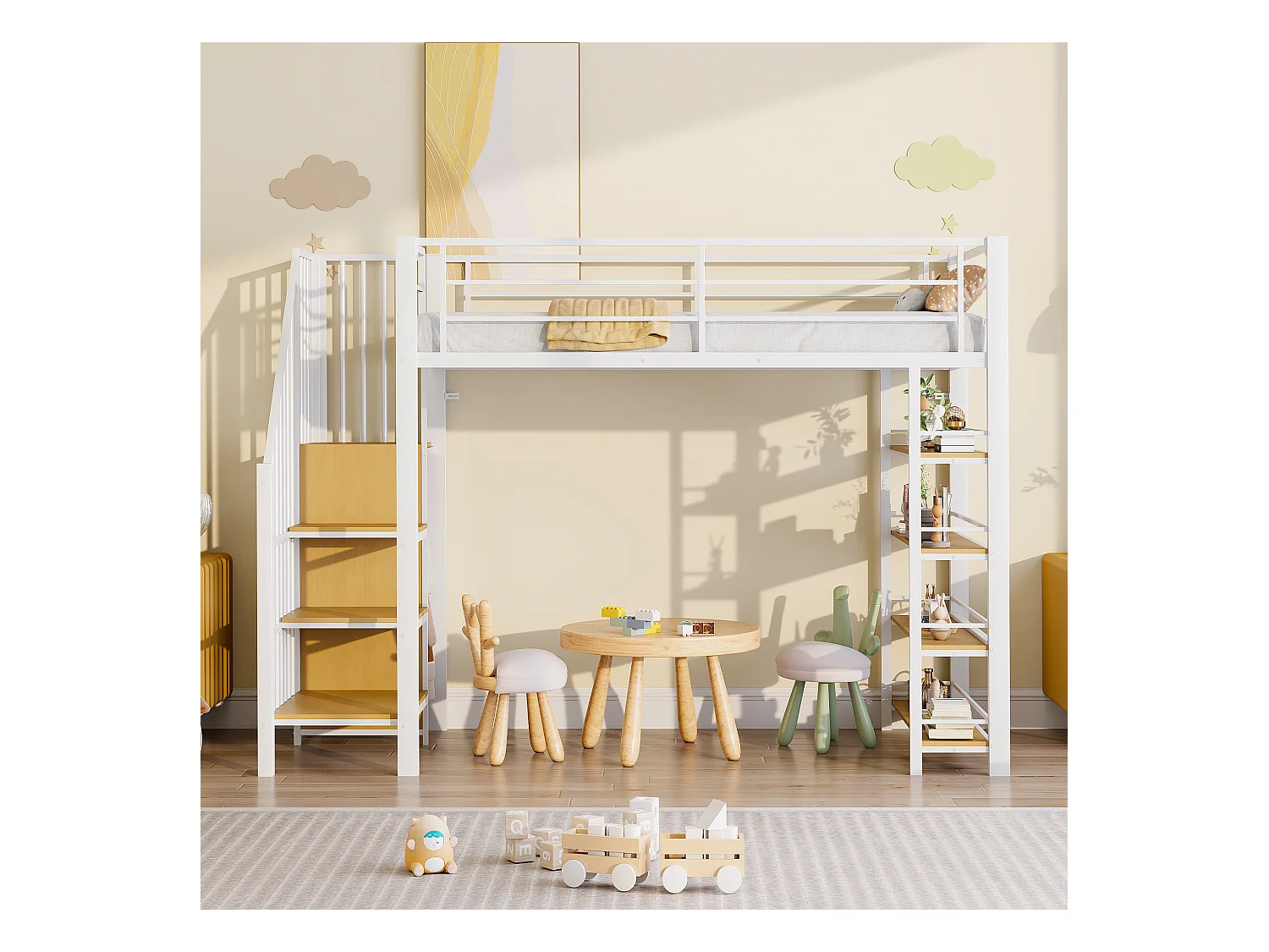 Lit mezzanine enfant - 90 x 200 - avec escalier + rangements + étagères - MDF + métal - blanc