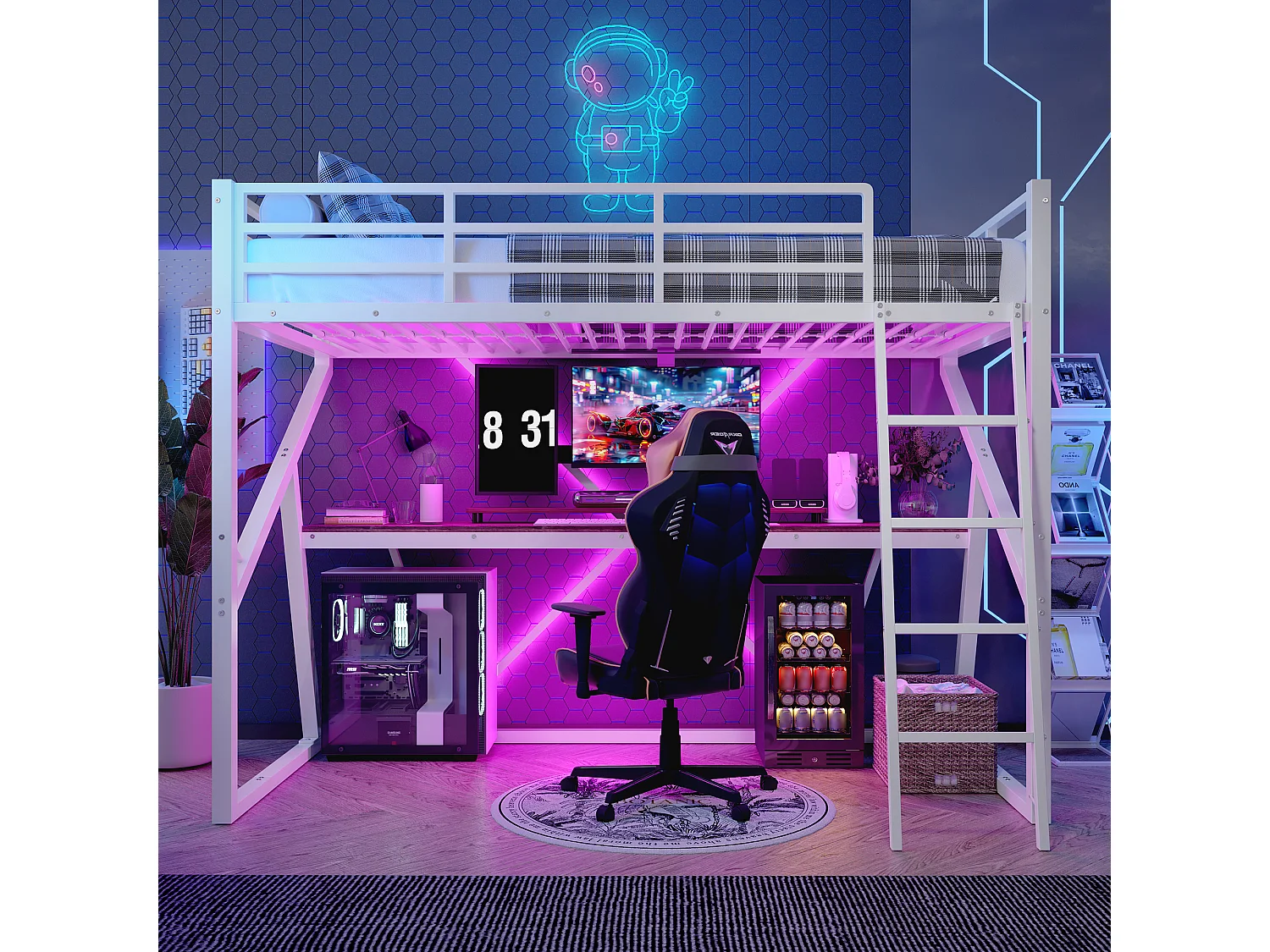 Lit mezzanine 90x200 cm, cadre métallique, avec LED télécommandé, garde-corps, échelle, bureau, blanc (204x98x160.5 cm)