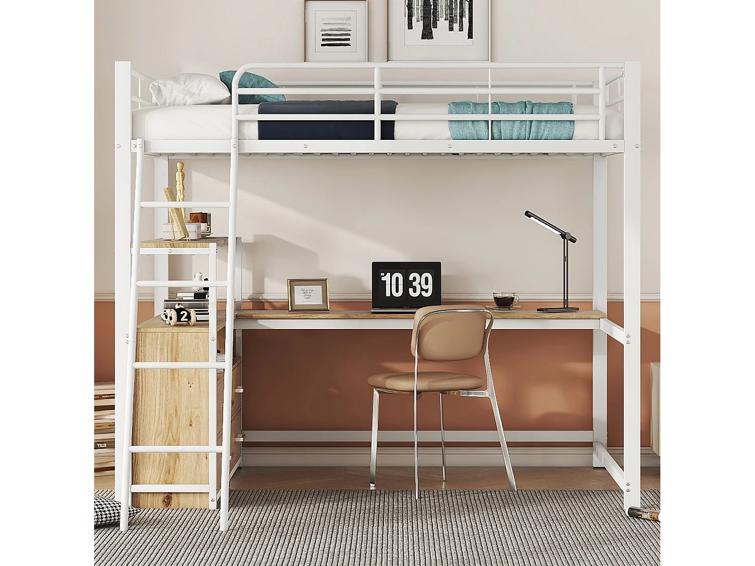 Lit mezzanine 140x200 cm, cadre en métal, avec tiroirs pratiques, bureau L stylé, design en laminé, blanc (204x199x180 cm)