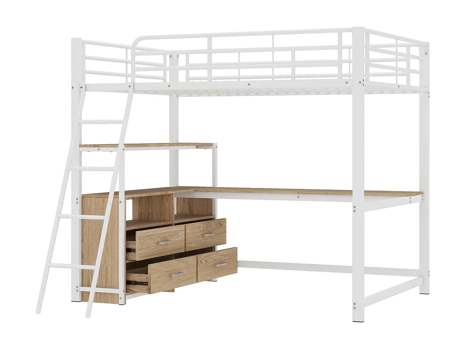 Lit mezzanine 140x200 cm, cadre en métal, avec tiroirs pratiques, bureau L stylé, design en laminé, blanc (204x199x180 cm)