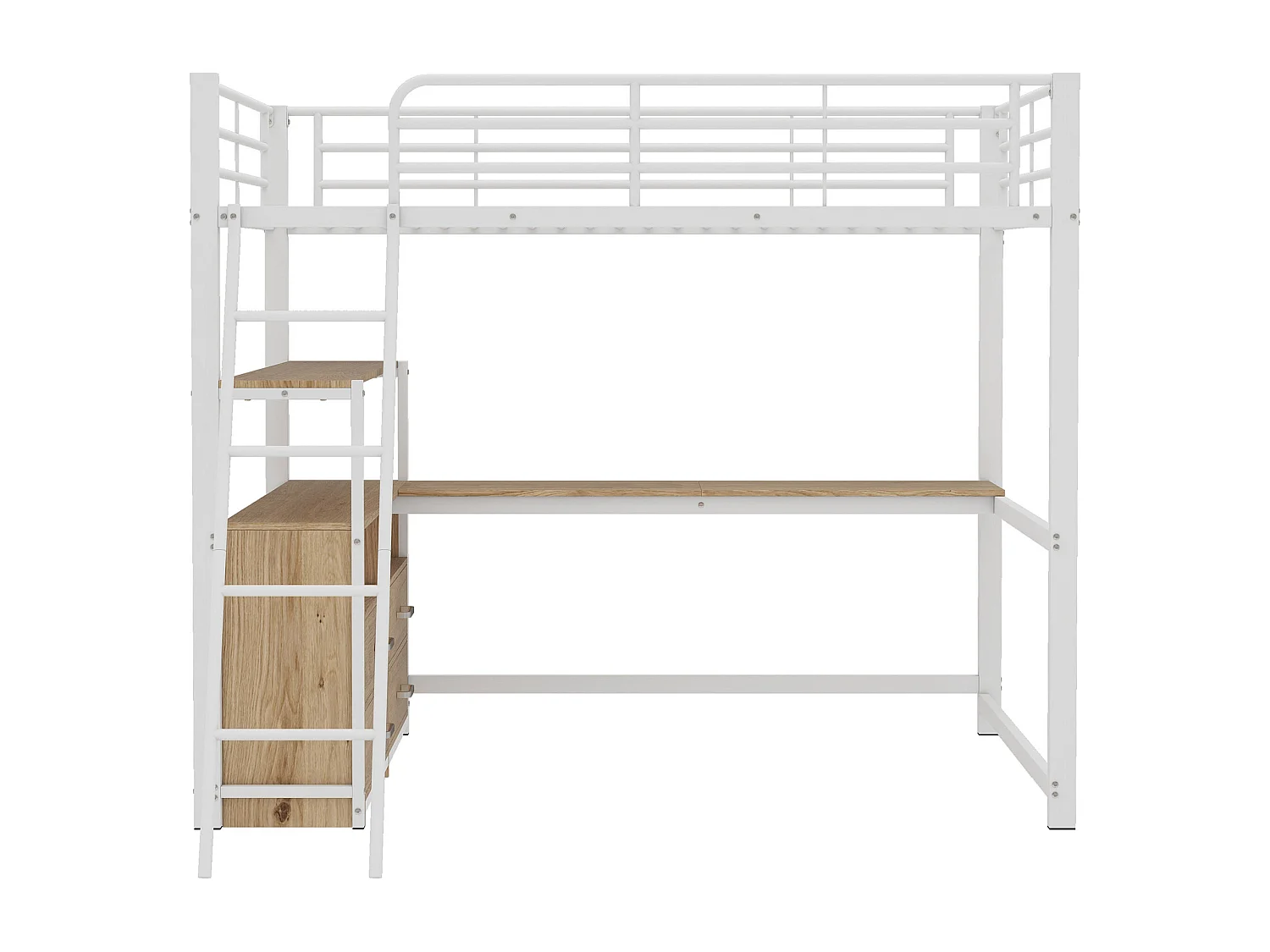 Lit mezzanine 140x200 cm, cadre en métal, avec tiroirs pratiques, bureau L stylé, design en laminé, blanc (204x199x180 cm)