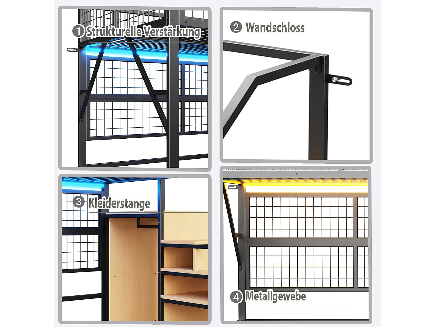 Cama alta de metal de 140 x 200 cm, con LED controlados por app, escalera con almacenaje, armario abierto, color negro (255 x 145 x 170 cm)