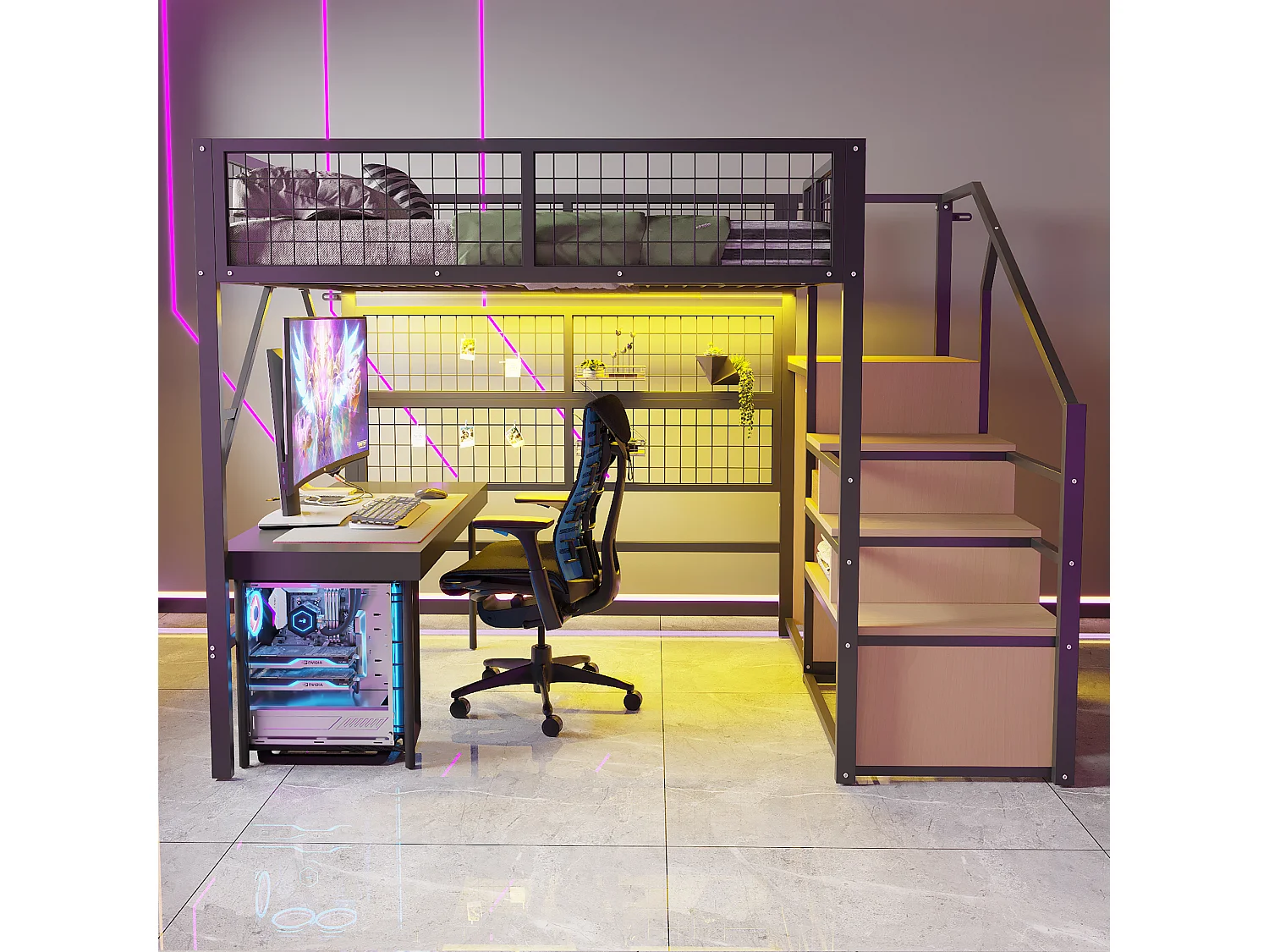 Cama alta de metal de 140 x 200 cm, con LED controlados por app, escalera con almacenaje, armario abierto, color negro (255 x 145 x 170 cm)