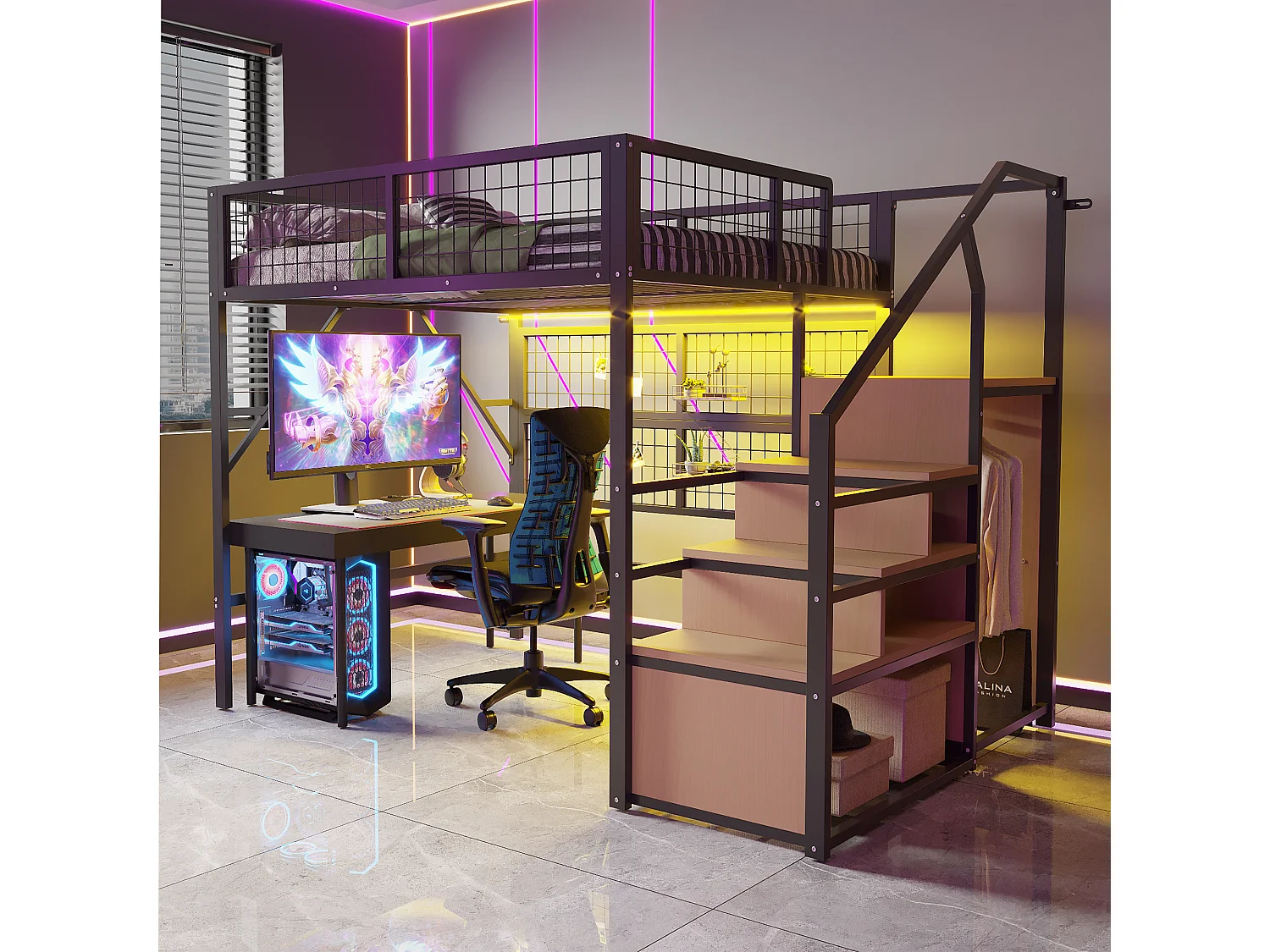 Cama alta de metal de 140 x 200 cm, con LED controlados por app, escalera con almacenaje, armario abierto, color negro (255 x 145 x 170 cm)